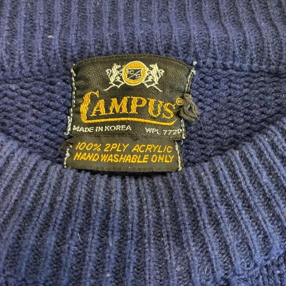 Vintage Campus Mens Royal Blue Cable Knit Raglan Crewneck Sweater Made in Korea